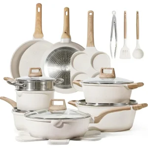 White Granite Induction Non Stick Cooking Set w/Frying Pans